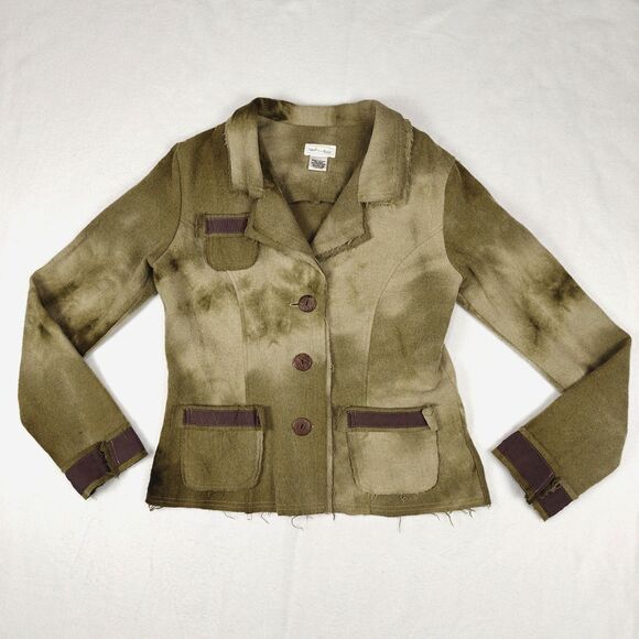 Neesh by DAR Wool Blend Distressed Olive Blazer Size M Fairy Goblin Rustic - Picture 2 of 8